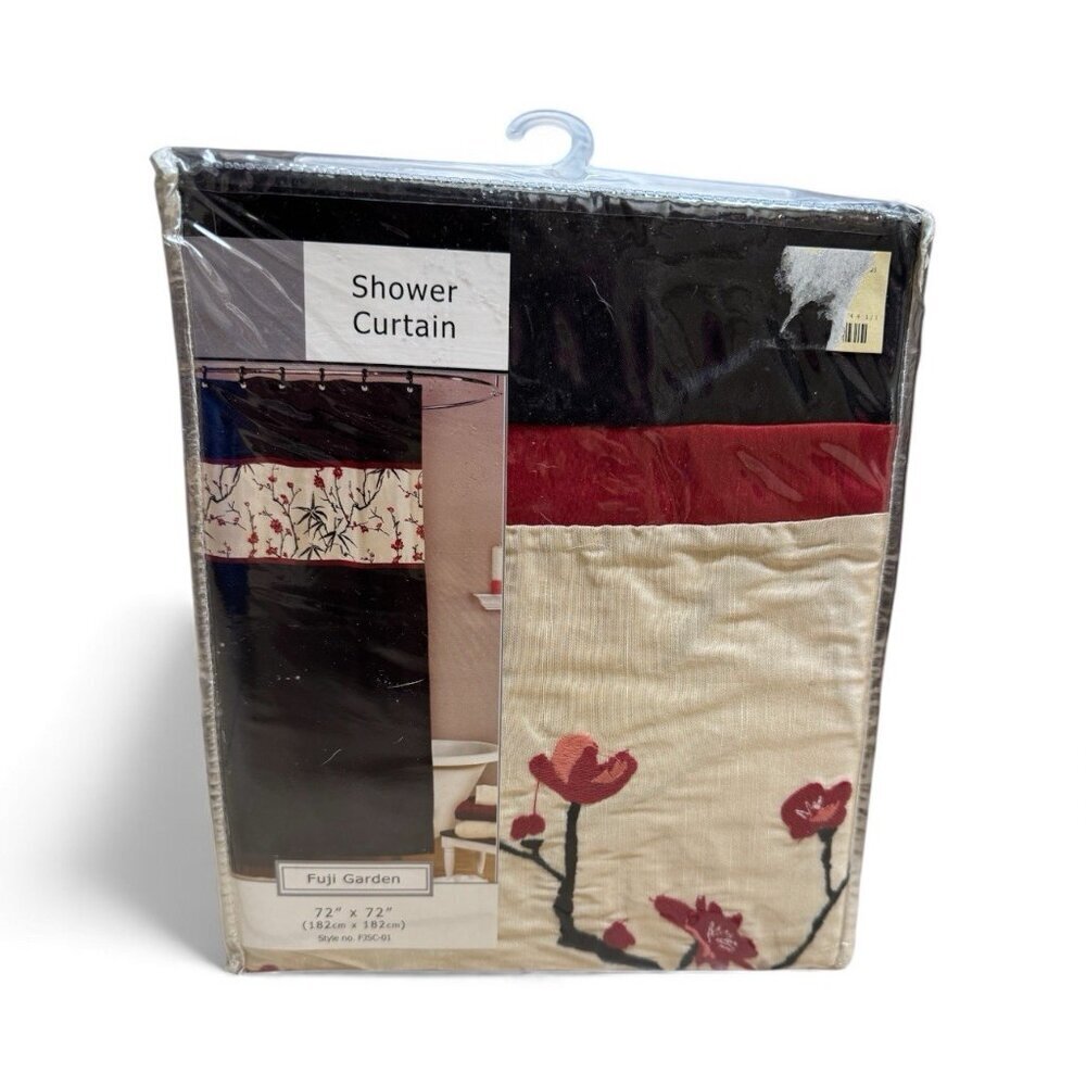 Fuji Garden Shower Curtain 72x72 Black Red Beige Floral New in Package - Picture 2 of 2